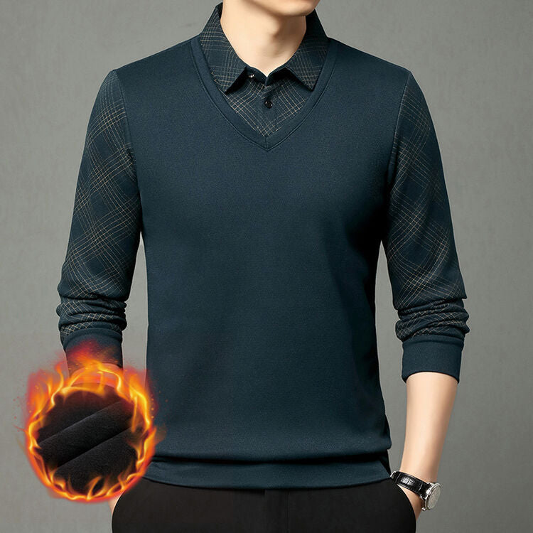 Men's solid color lapel fake two-piece business polo shirt