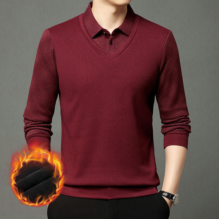 Men's solid color lapel fake two-piece business polo shirt