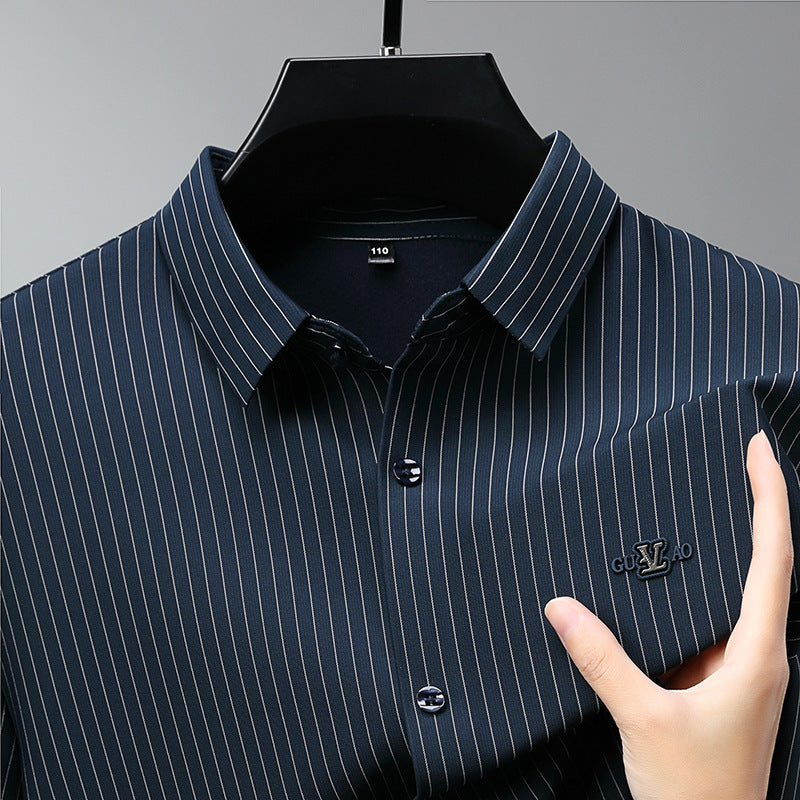 zd288-Men's fleece long sleeve striped shirt