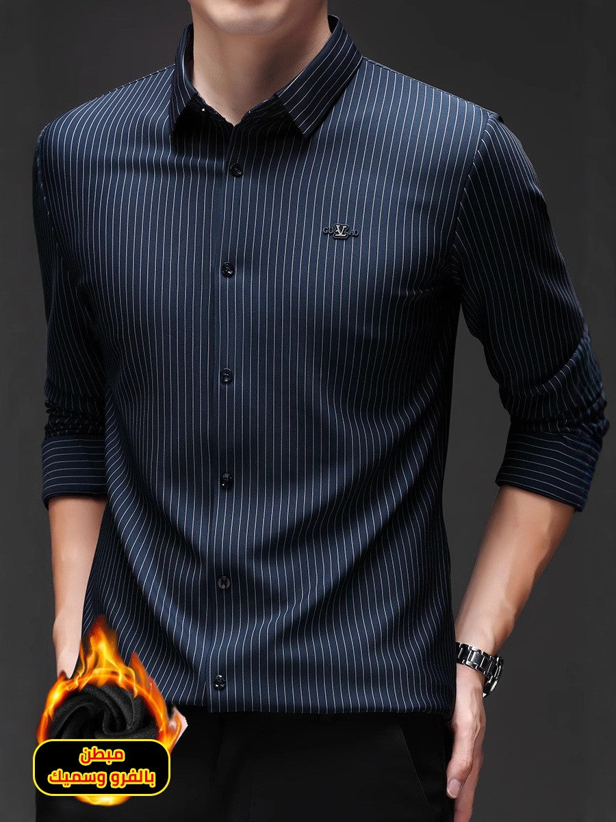 zd288-Men's fleece long sleeve striped shirt