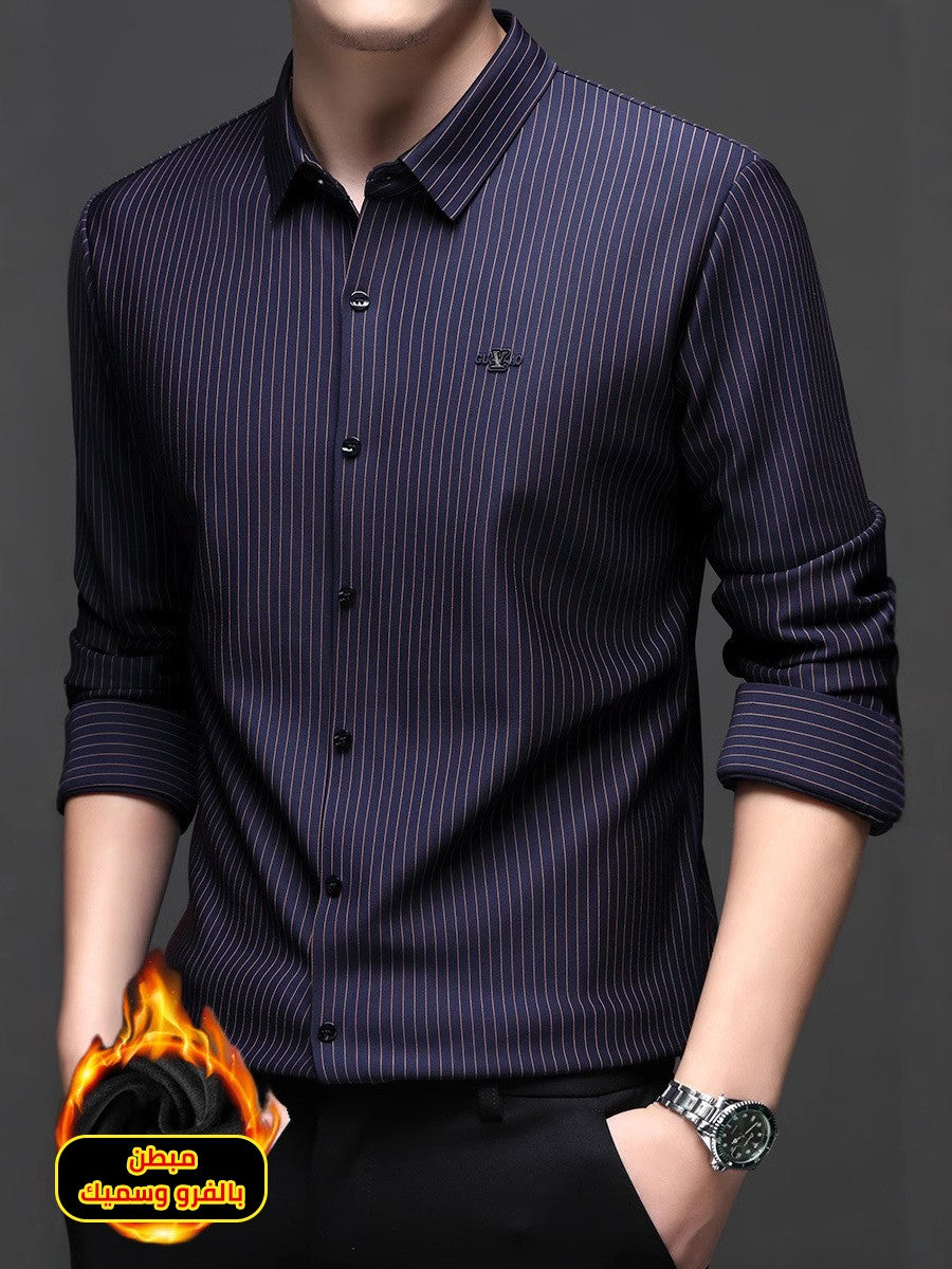 zd288-Men's fleece long sleeve striped shirt