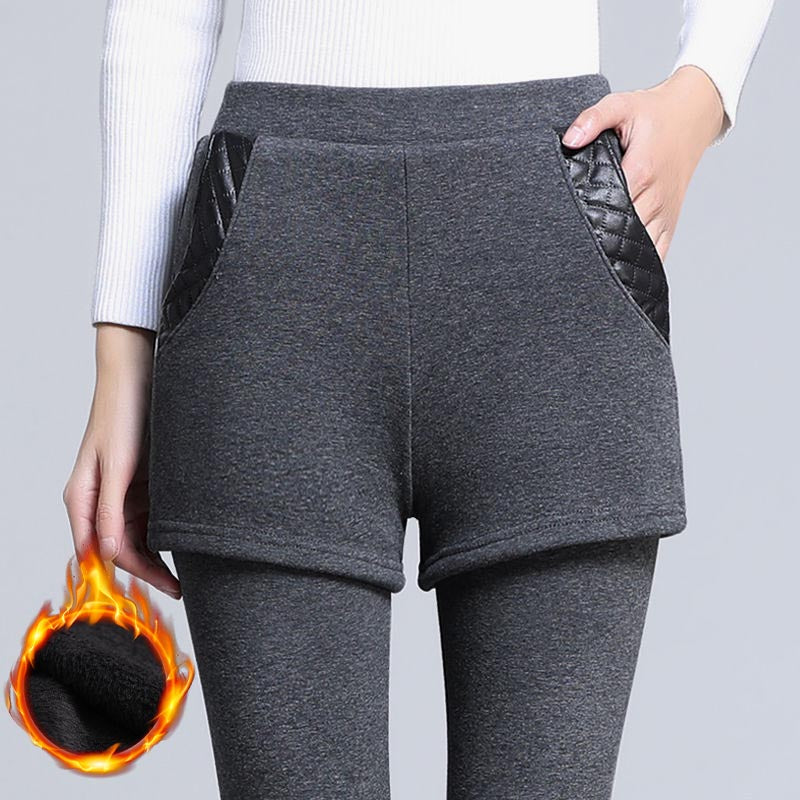 Women's fashionable fake two-piece warm leggings