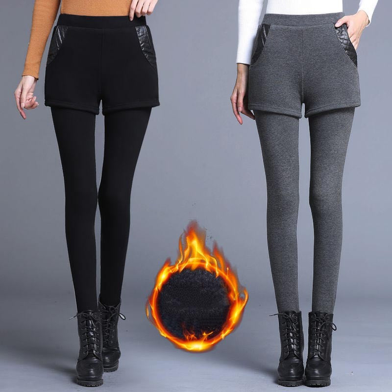 Women's fashionable fake two-piece warm leggings