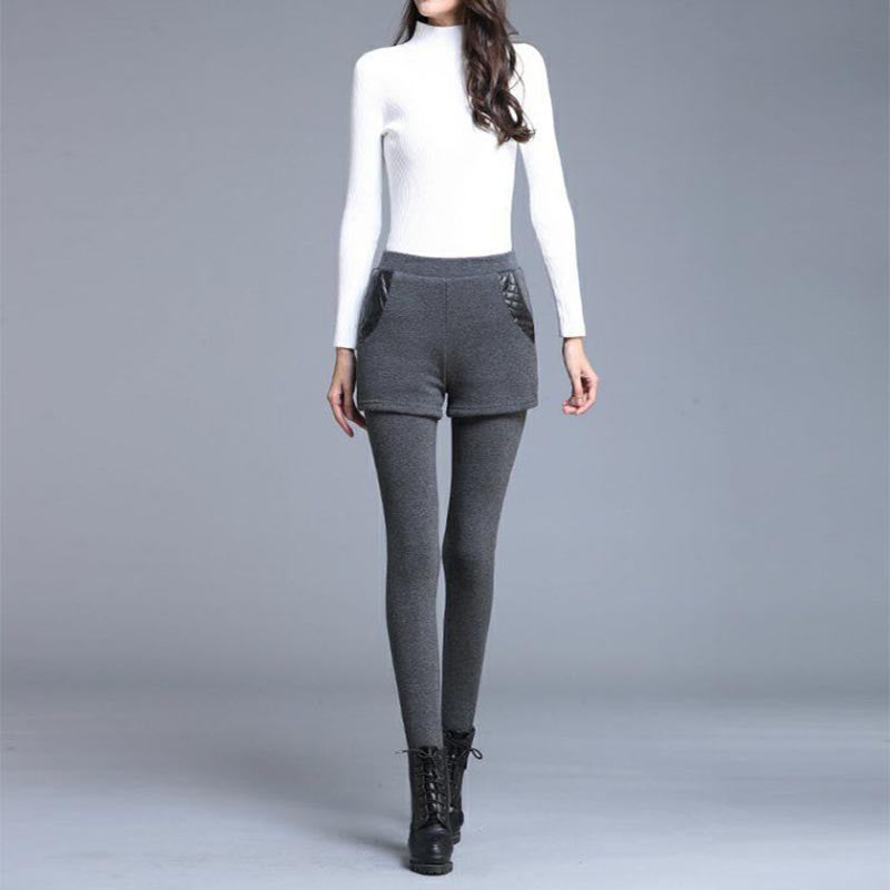 Women's fashionable fake two-piece warm leggings