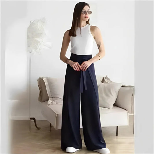 New Fashion Solid Color Lace-up Waist Wide Leg Pants