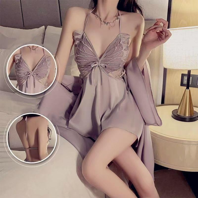 ae838-Ladies satin large butterfly pajama set with breast pad