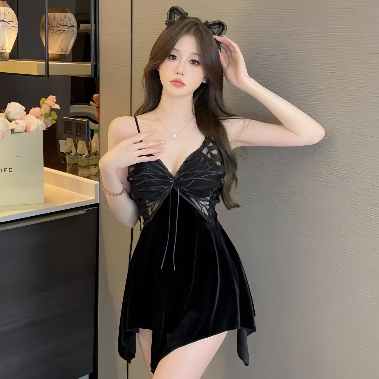 zp560-Gold Velvet Women's Two-piece Bra Padded Sexy Nightdress