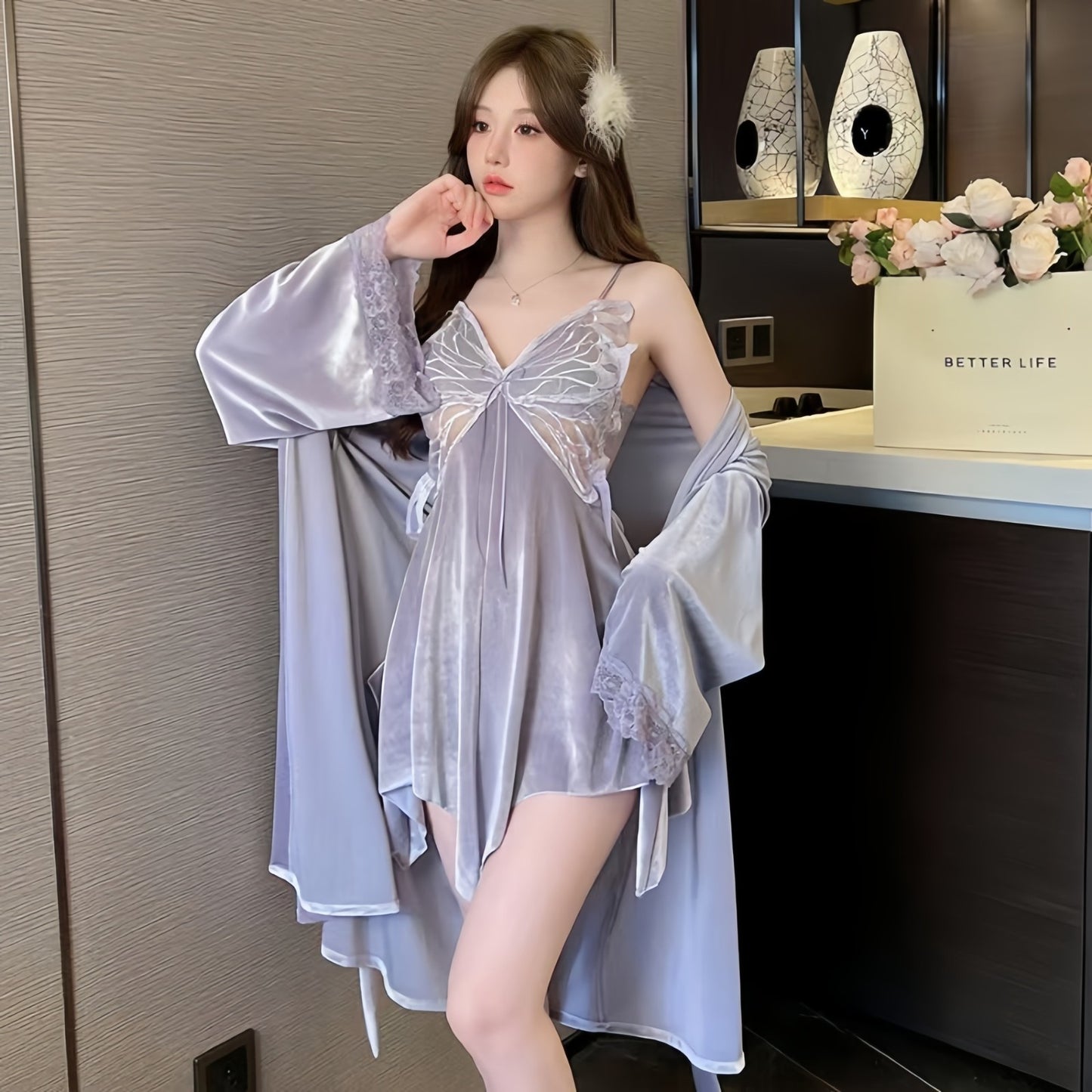 zp560-Gold Velvet Women's Two-piece Bra Padded Sexy Nightdress