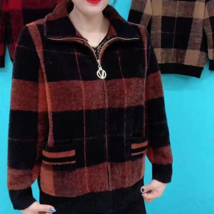 Women's plus velvet and thickened plaid woolen coat
