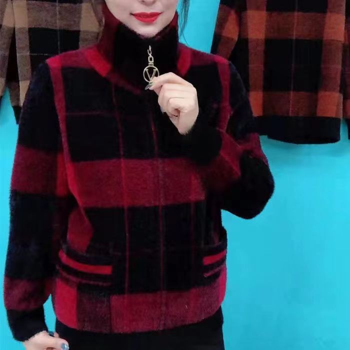 Women's plus velvet and thickened plaid woolen coat