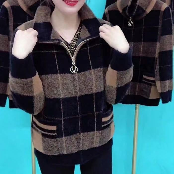 Women's plus velvet and thickened plaid woolen coat