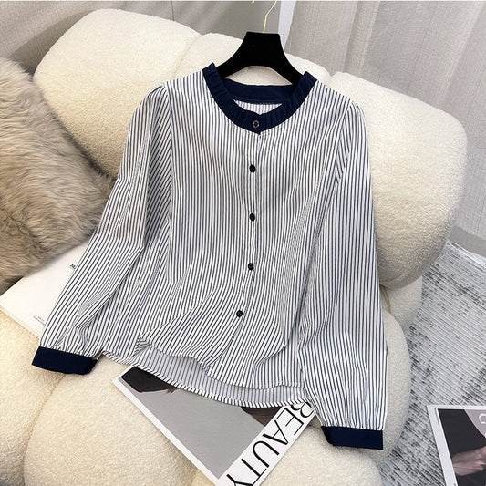 zp572-Women's round neck colorblock long sleeve striped shirt