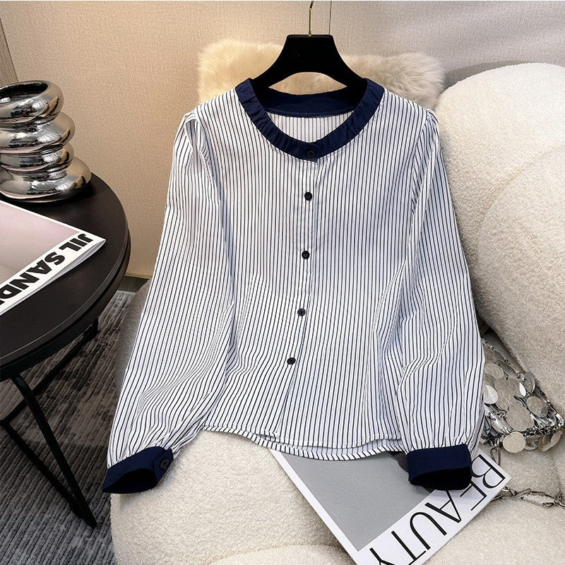 zp572-Women's round neck colorblock long sleeve striped shirt