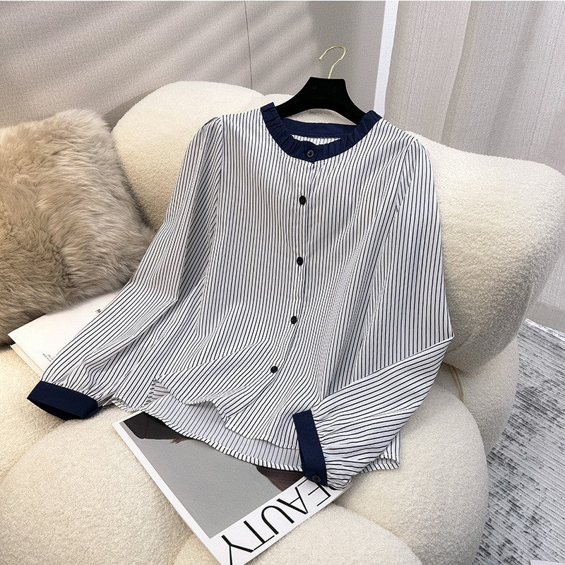 zp572-Women's round neck colorblock long sleeve striped shirt
