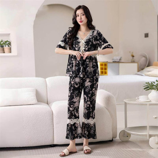 zp586-Ladies half-sleeve lace bow home wear suit