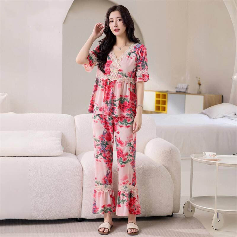 zp586-Ladies half-sleeve lace bow home wear suit