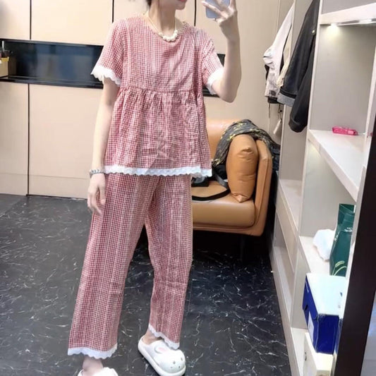 zp587-Women's plaid short-sleeved lace round neck home wear suit