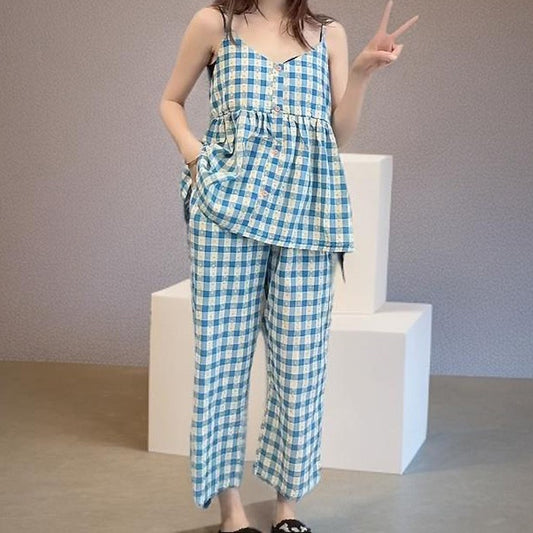 zp591-Suspender plaid loose and comfortable women's pajamas and pants set