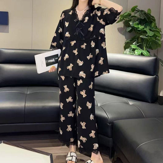 zp592-Lace Bowknot Fashion Loose Women's Pajama Set