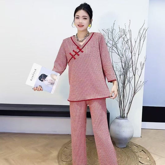 zp593-2025 New Oriental Style Plaid Print Pajamas Loose Set