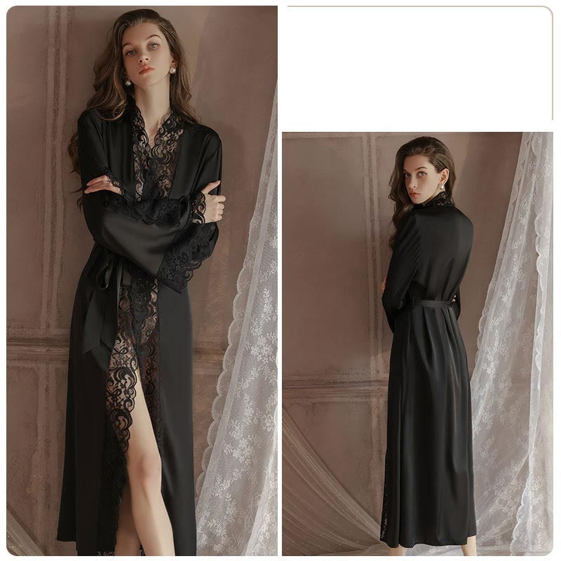 Women's Silky Satin Lace Long Robe Belt Home Clothes