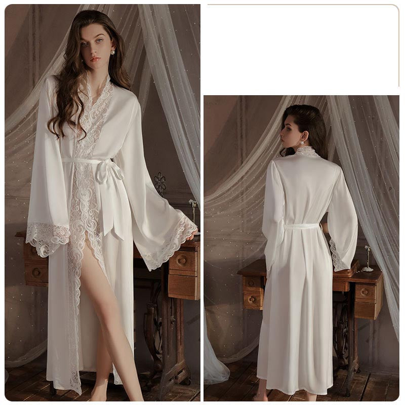 Women's Silky Satin Lace Long Robe Belt Home Clothes