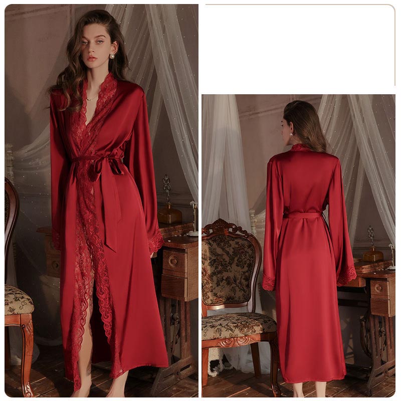 Women's Silky Satin Lace Long Robe Belt Home Clothes