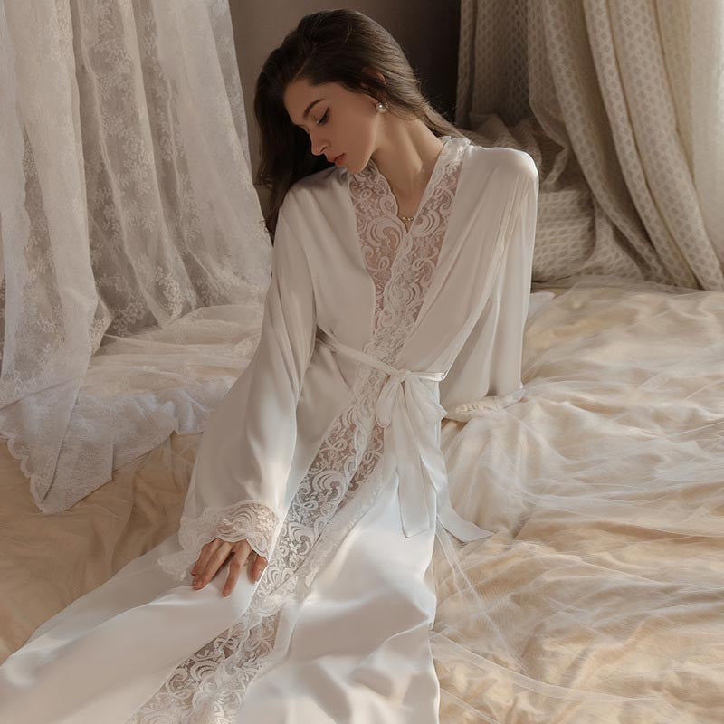 Women's Silky Satin Lace Long Robe Belt Home Clothes