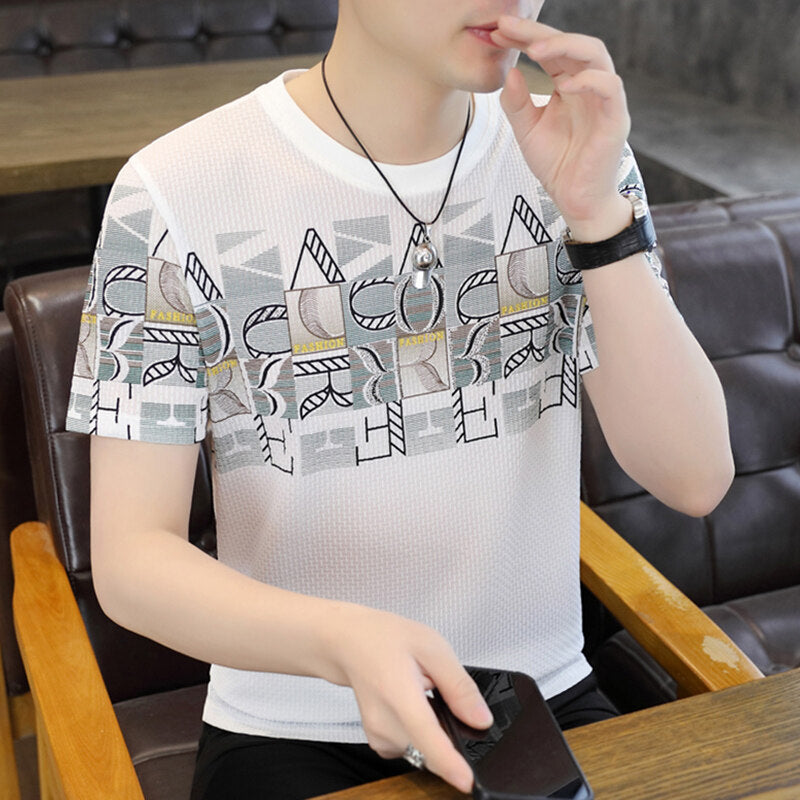 Summer Men's Ice Silk Short Sleeve Printed T-Shirt