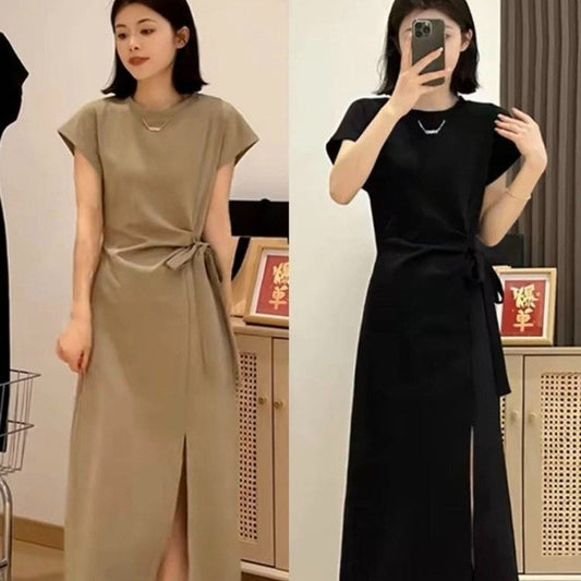zp613-Women's summer lace-up waist slimming slit dress