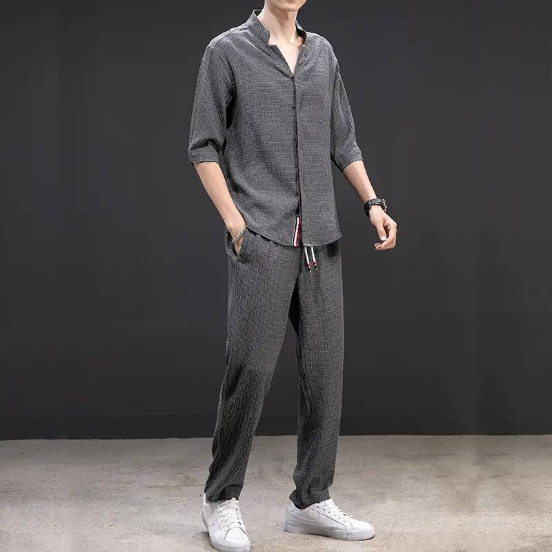 sau88-Men's cotton and linen short-sleeved T-shirt casual sports suit