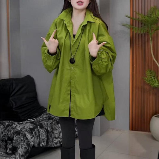 Fashionable and casual versatile long-sleeved belly-covering top shirt loose and slim mid-length shirt