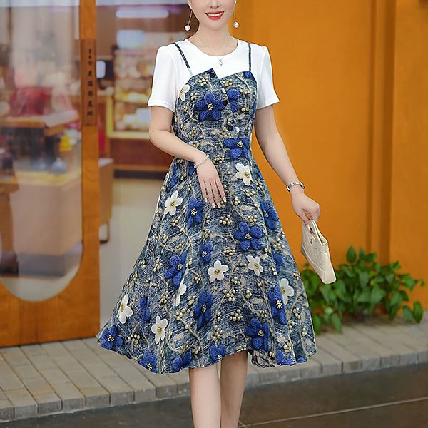 zp631-Summer age-reducing patchwork belt dress