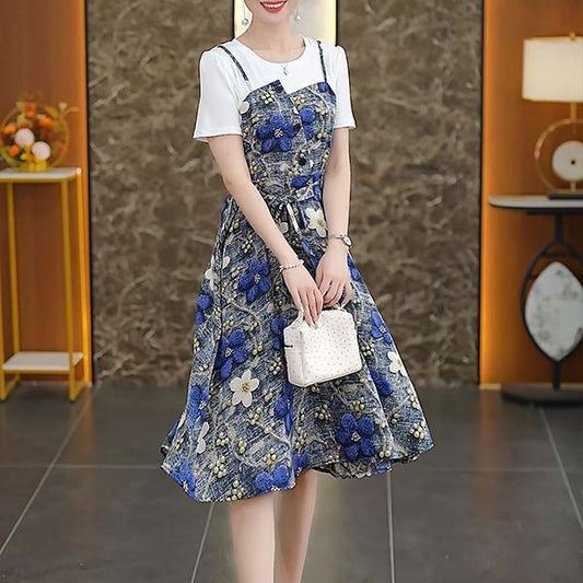 zp631-Summer age-reducing patchwork belt dress
