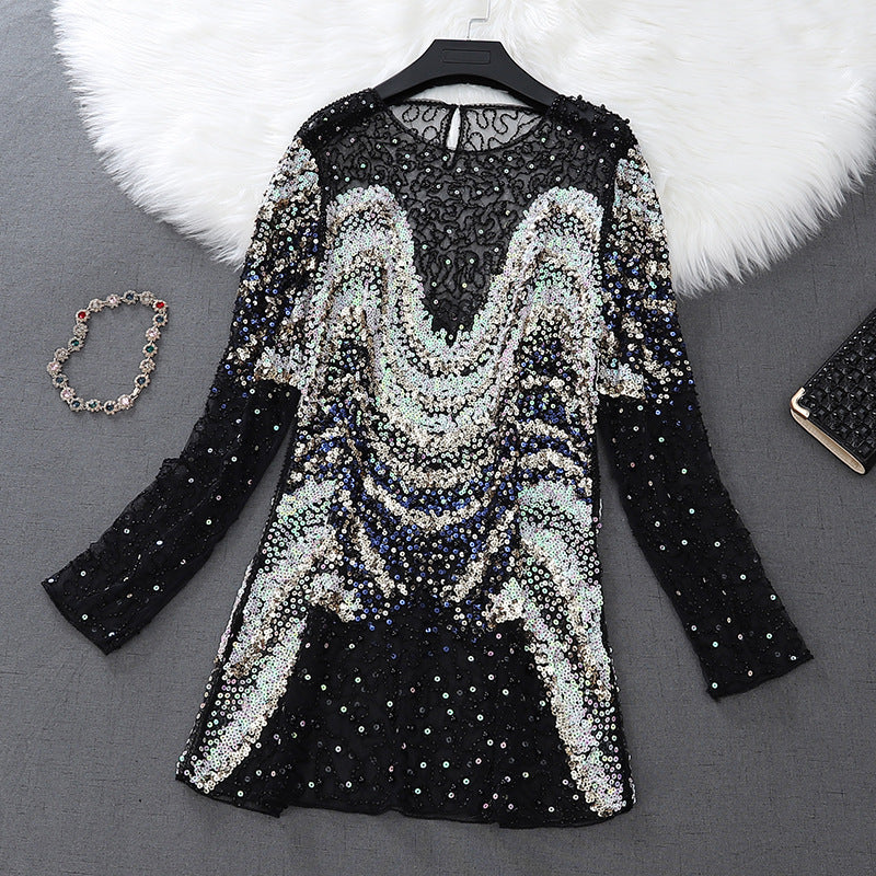 zp633-Women's stylish and elegant heavy embroidery sequin dress