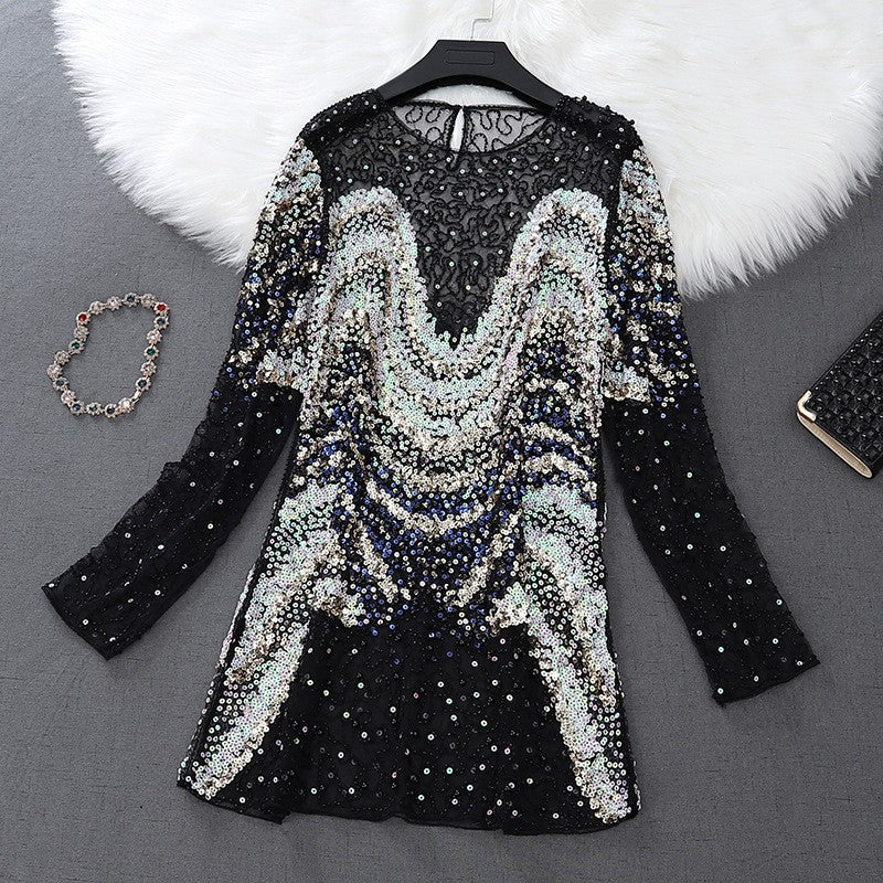 zp633-Women's stylish and elegant heavy embroidery sequin dress