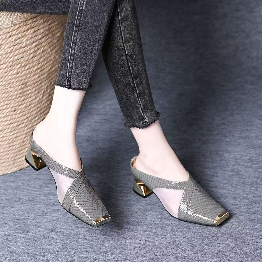 zp634-Women's summer all-match square toe mesh thick heel sandals