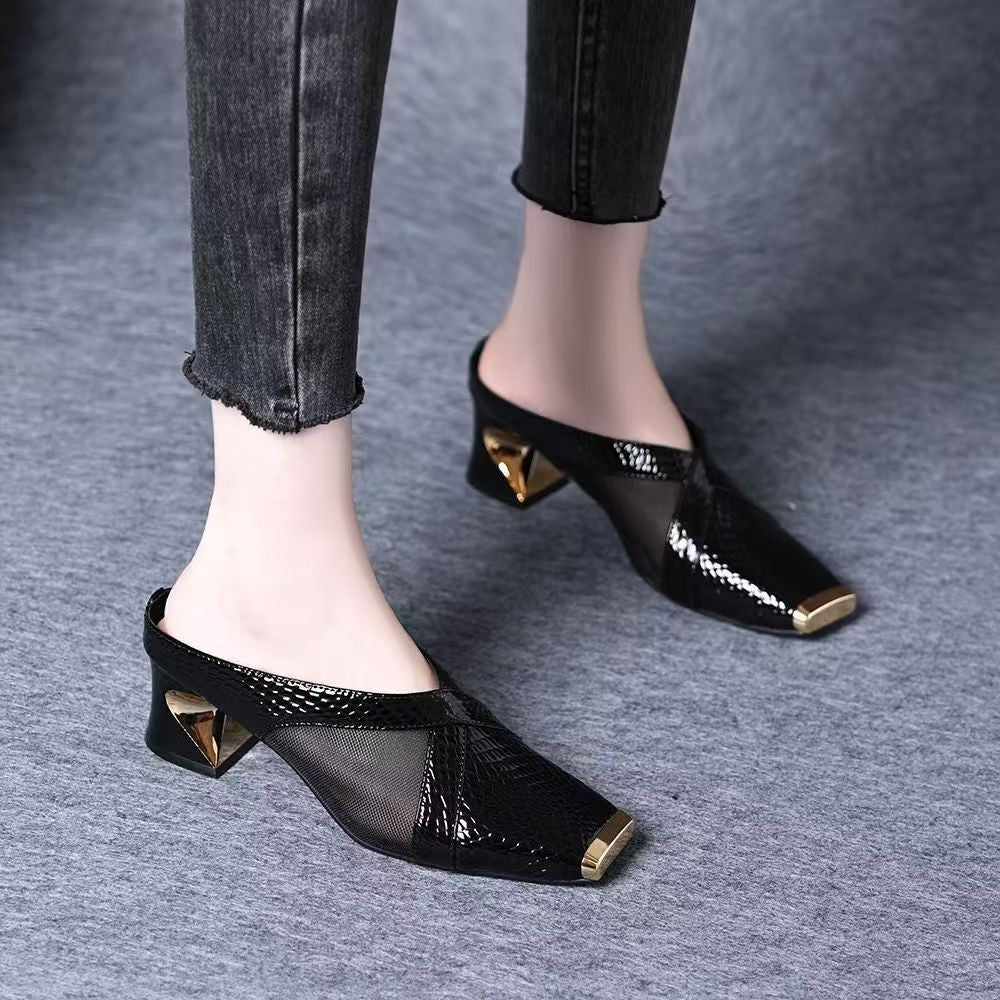 zp634-Women's summer all-match square toe mesh thick heel sandals