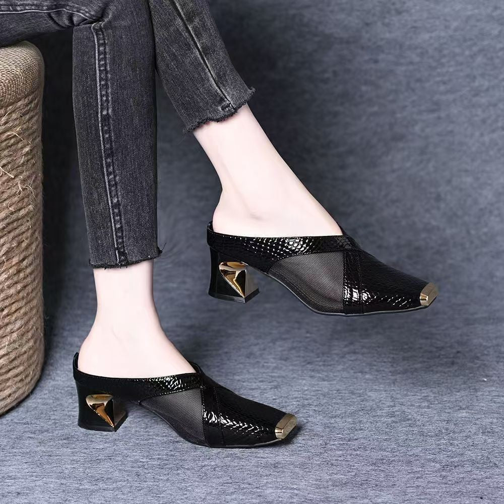 zp634-Women's summer all-match square toe mesh thick heel sandals