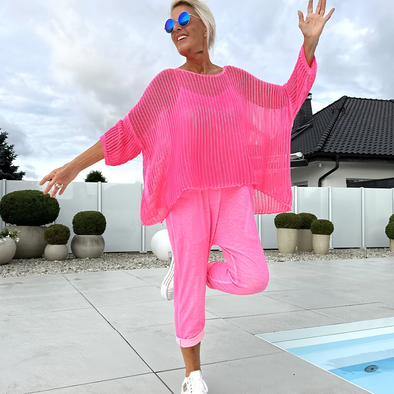zp640-Women's Casual Loose Jumpsuit Hollow Knit Top Two-Piece Set