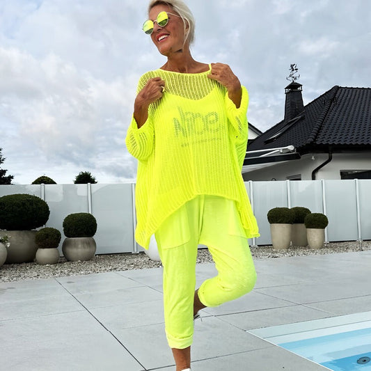 zp640-Women's Casual Loose Jumpsuit Hollow Knit Top Two-Piece Set