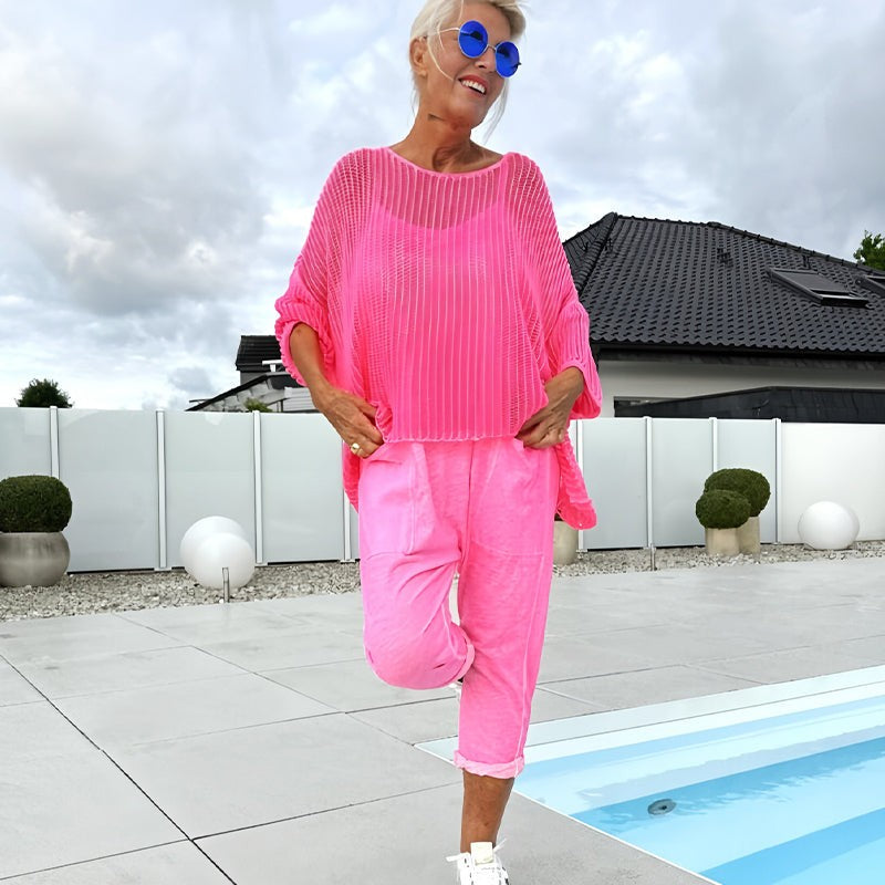 zp640-Women's Casual Loose Jumpsuit Hollow Knit Top Two-Piece Set