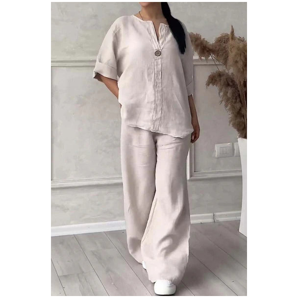 New women's fashion solid color cotton and linen casual suit