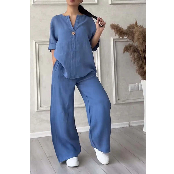 New women's fashion solid color cotton and linen casual suit