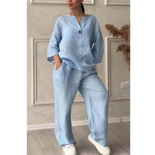 New women's fashion solid color cotton and linen casual suit