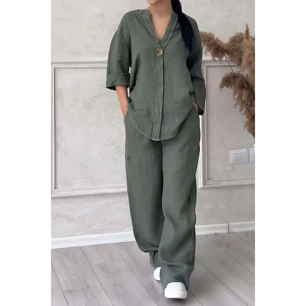 New women's fashion solid color cotton and linen casual suit