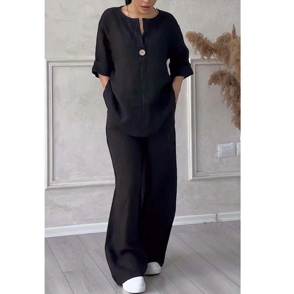 New women's fashion solid color cotton and linen casual suit