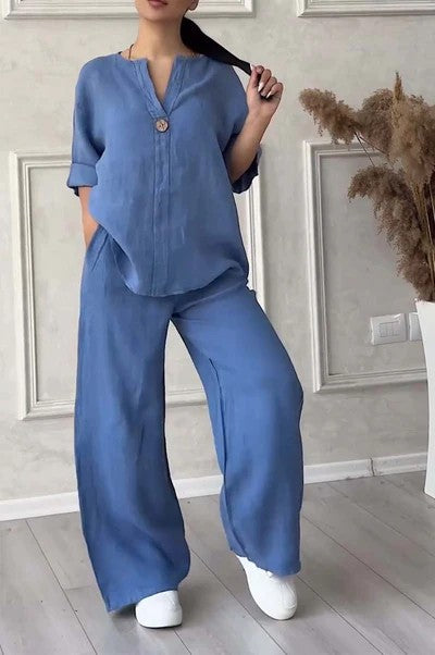New women's fashion solid color cotton and linen casual suit