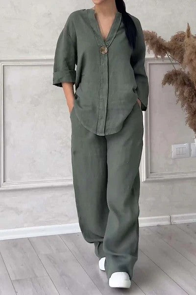 New women's fashion solid color cotton and linen casual suit
