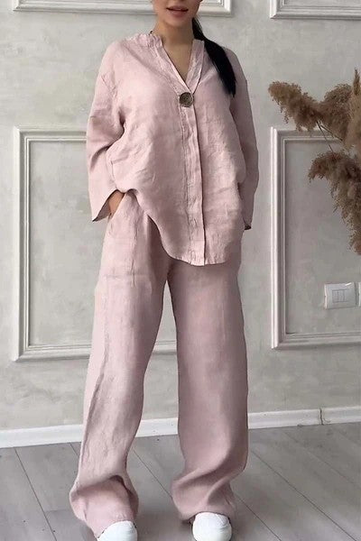 New women's fashion solid color cotton and linen casual suit